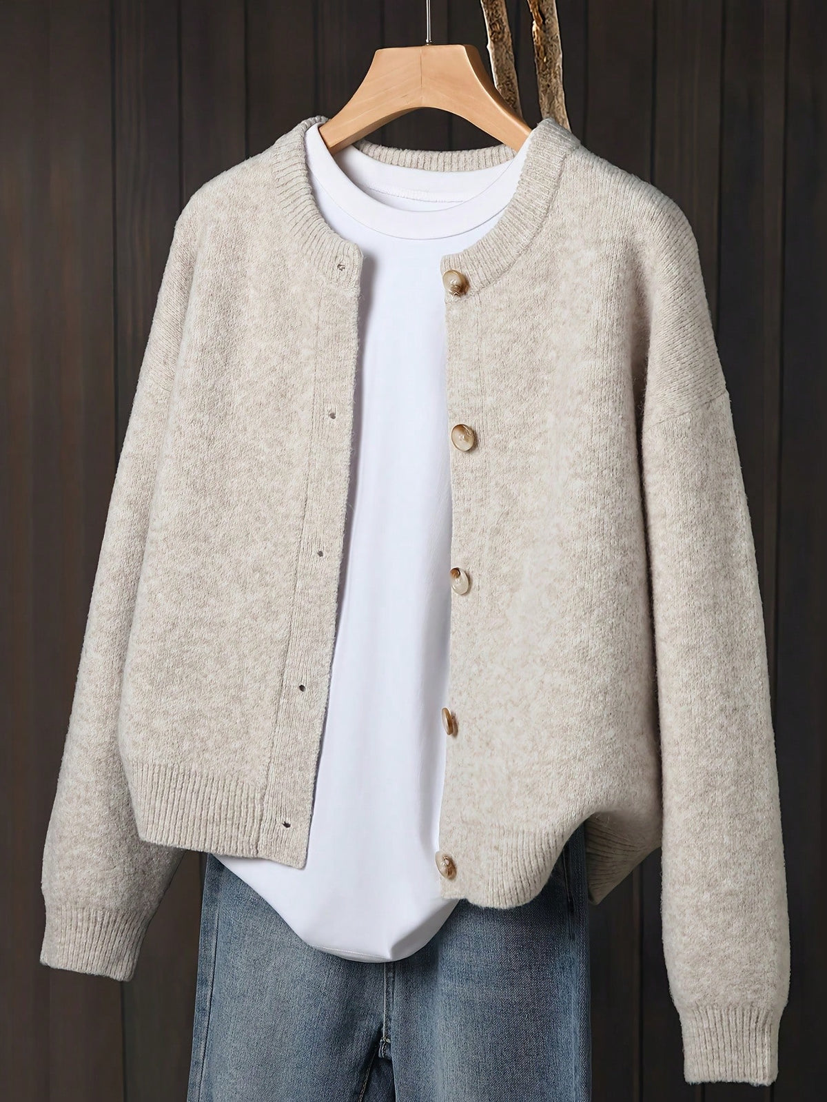 Women's Button-Front Knitted Cardigan, Relaxed Fit in Beige