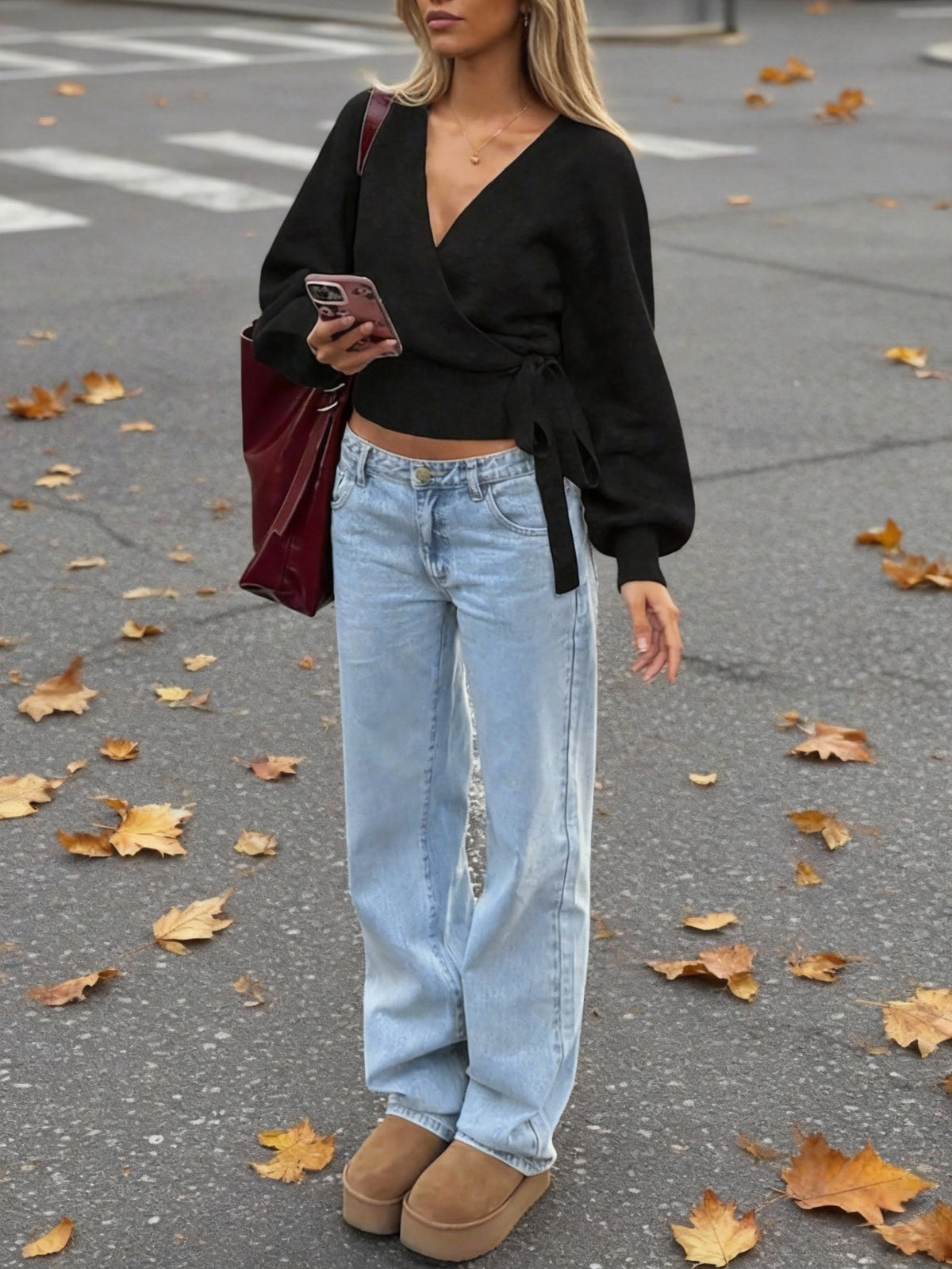 Women's Wrap Tie Rib-Knit Jumper with V Neck in Black