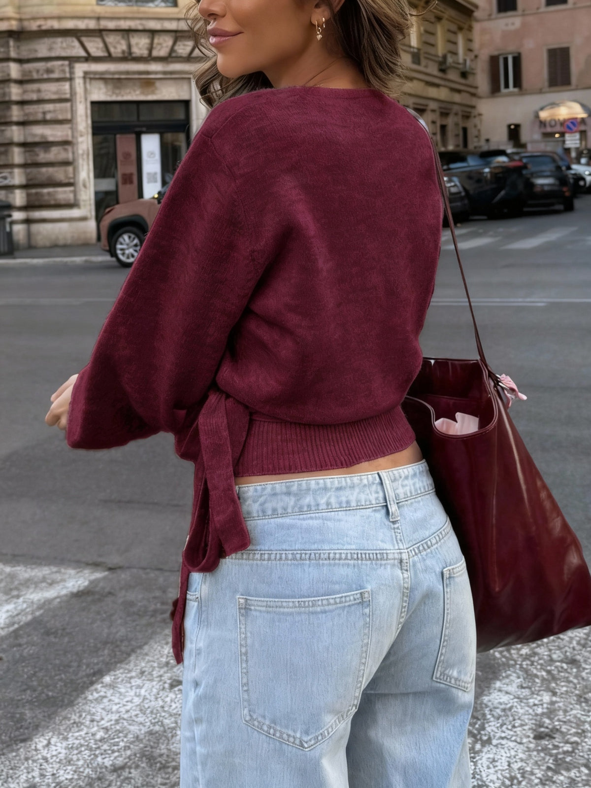 Women's Wrap Tie Rib-Knit Jumper with V Neck in Burgundy