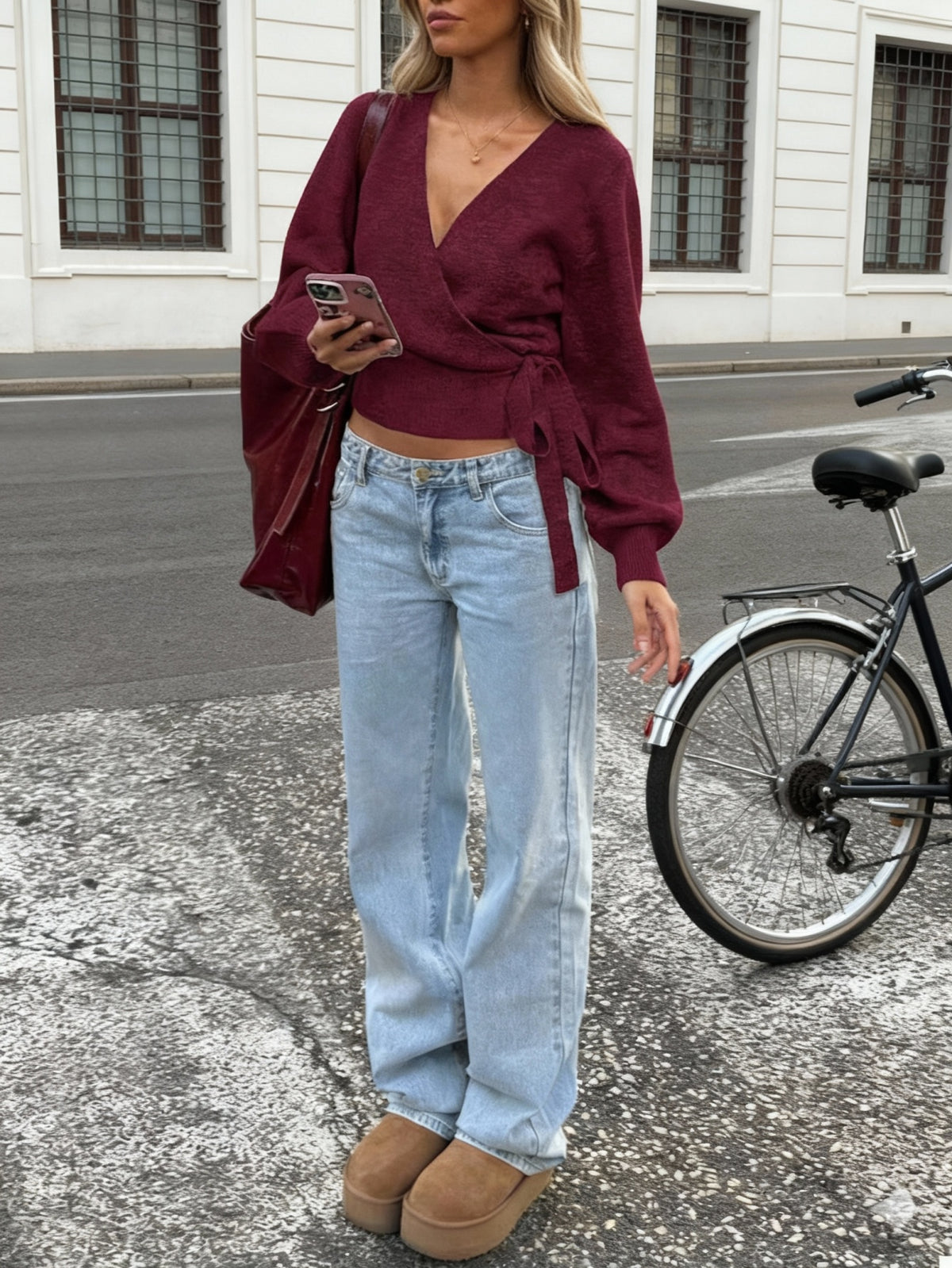 Women's Wrap Tie Rib-Knit Jumper with V Neck in Burgundy