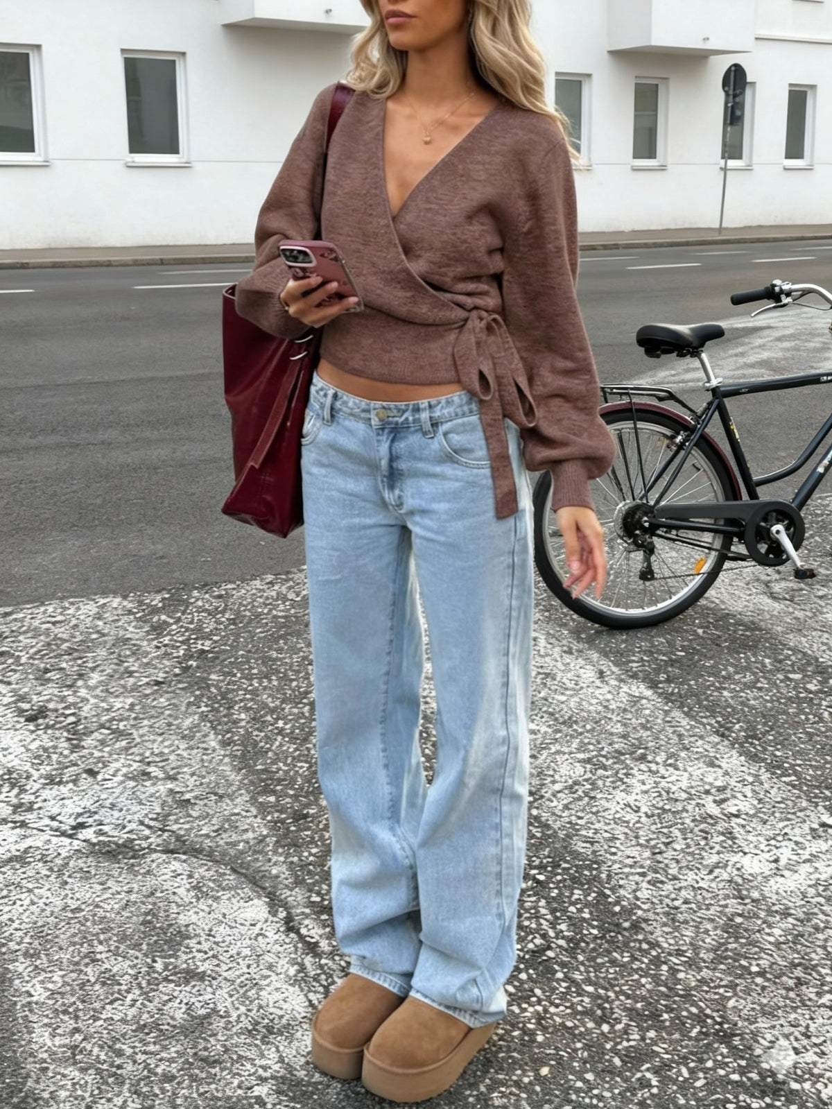 Women's Wrap Tie Rib-Knit Jumper with V Neck in Rust Brown