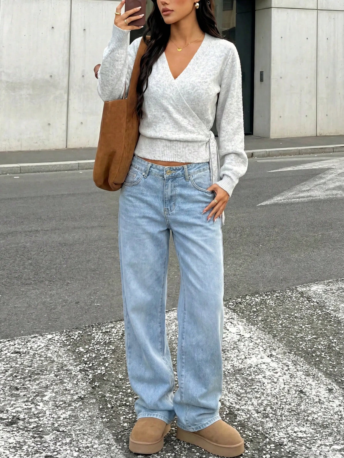 Women's Wrap Tie Rib-Knit Jumper with V Neck in Light Grey
