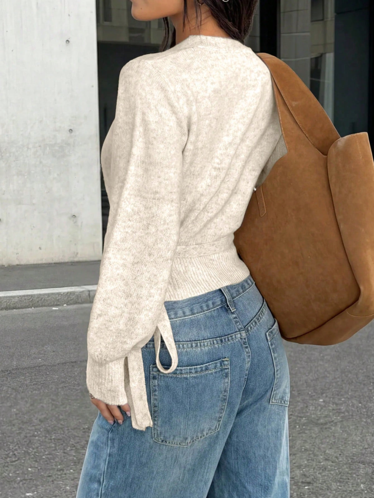 Women's Wrap Tie Rib-Knit Jumper with V Neck in Khaki