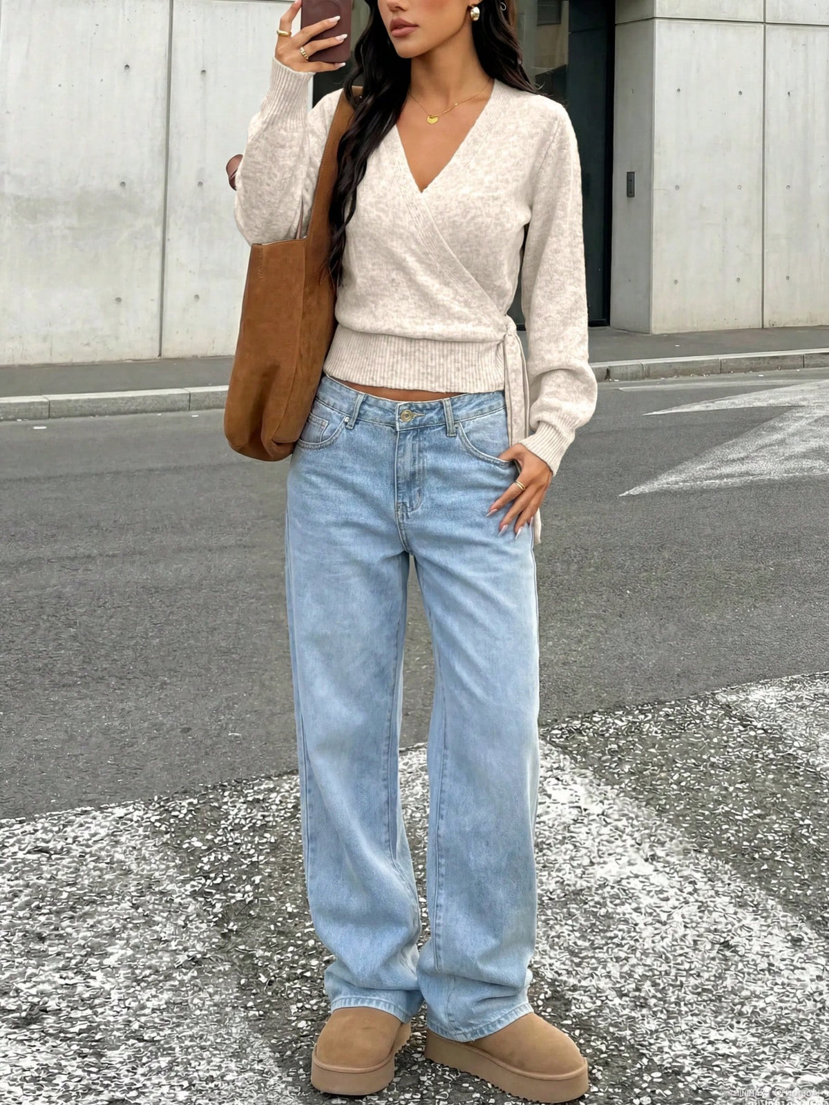 Women's Wrap Tie Rib-Knit Jumper with V Neck in Khaki