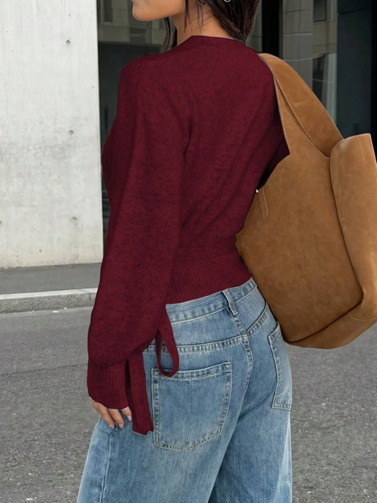 Women's Wrap Tie Rib-Knit Jumper with V Neck in Burgundy