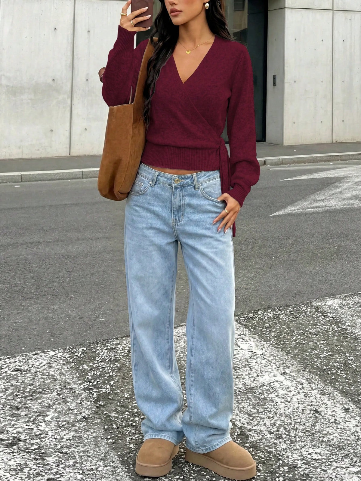 Women's Wrap Tie Rib-Knit Jumper with V Neck in Burgundy
