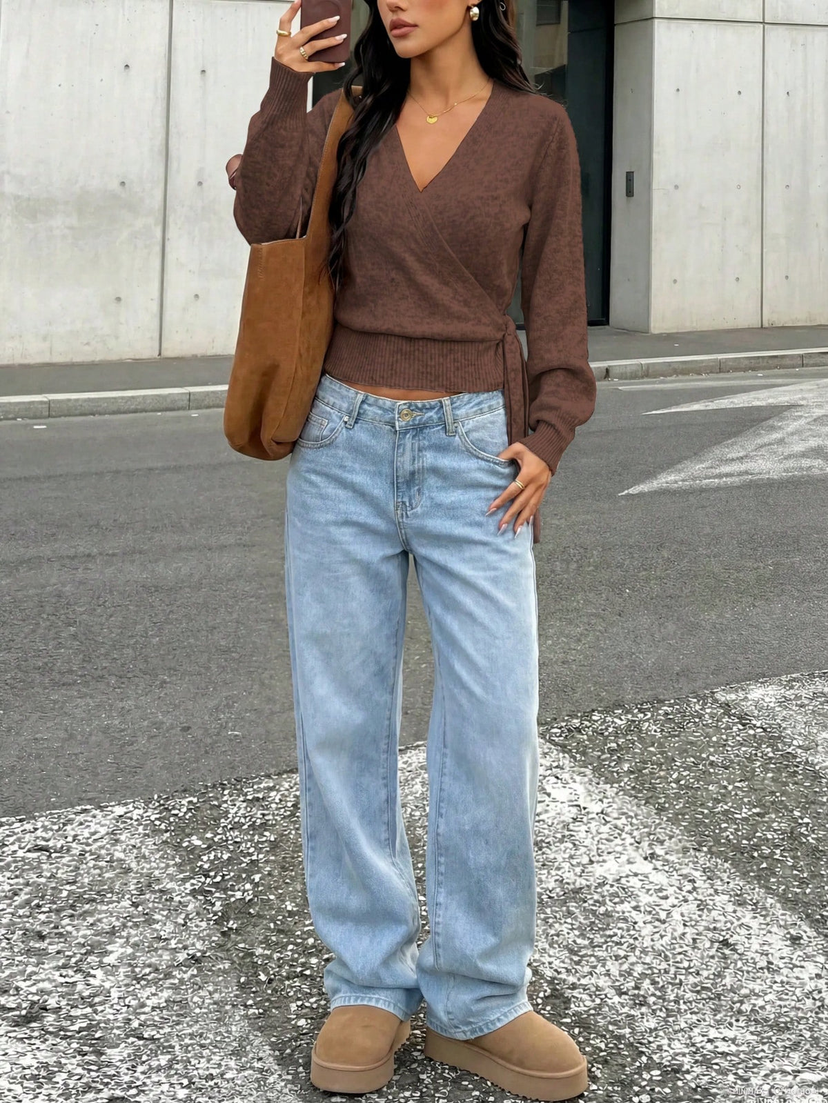 Women's Wrap Tie Rib-Knit Jumper with V Neck in Rust Brown