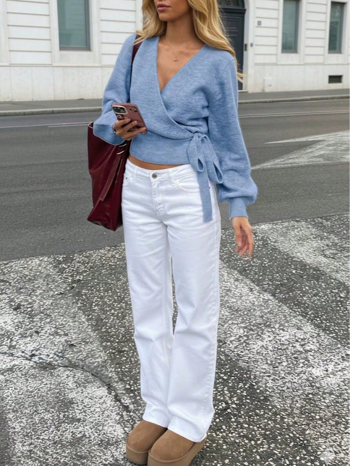 Women's Wrap Tie Rib-Knit Jumper with V Neck in Dusty Blue