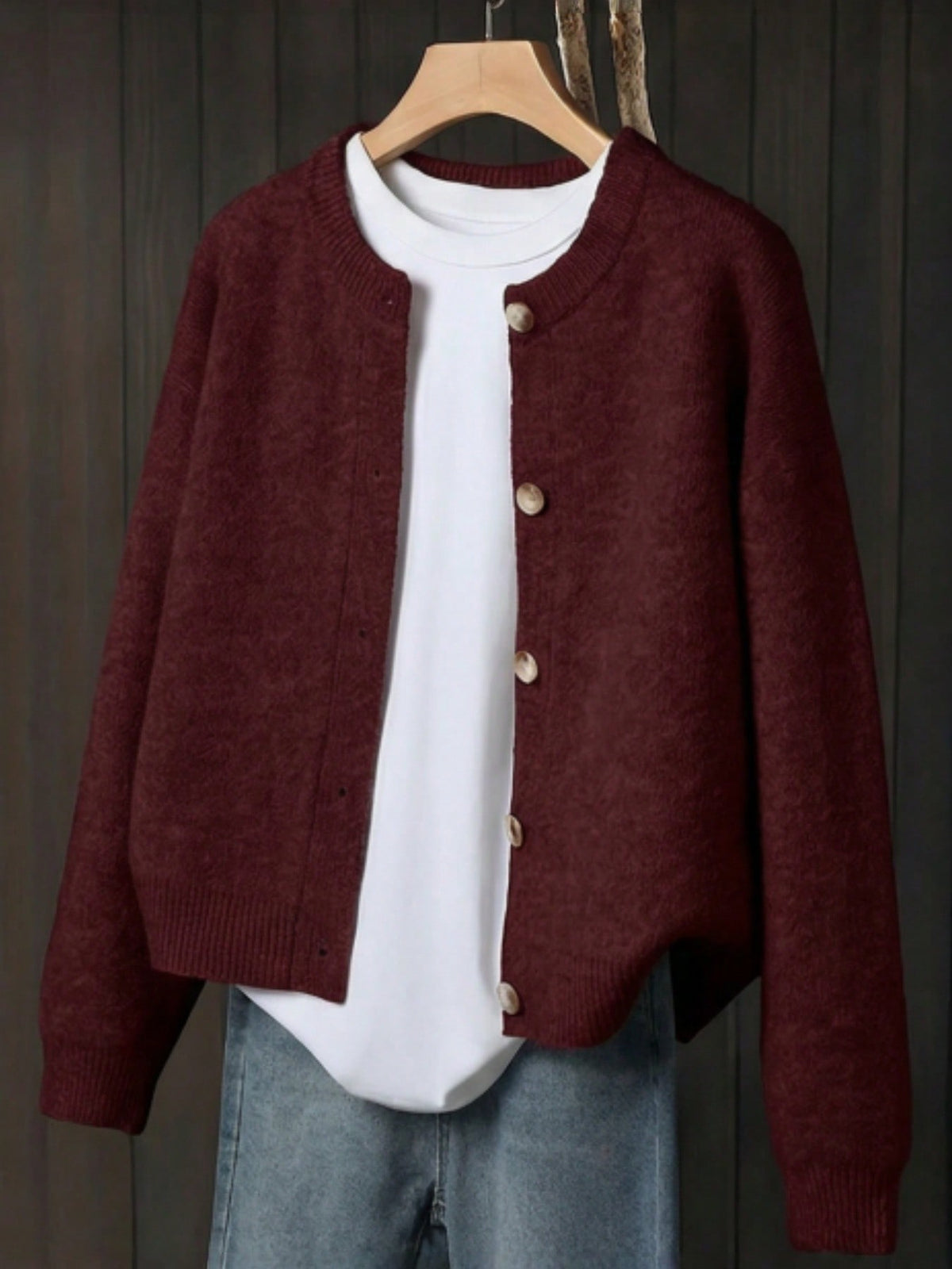 Women's Button-Front Knitted Cardigan, Relaxed Fit in Burgundy