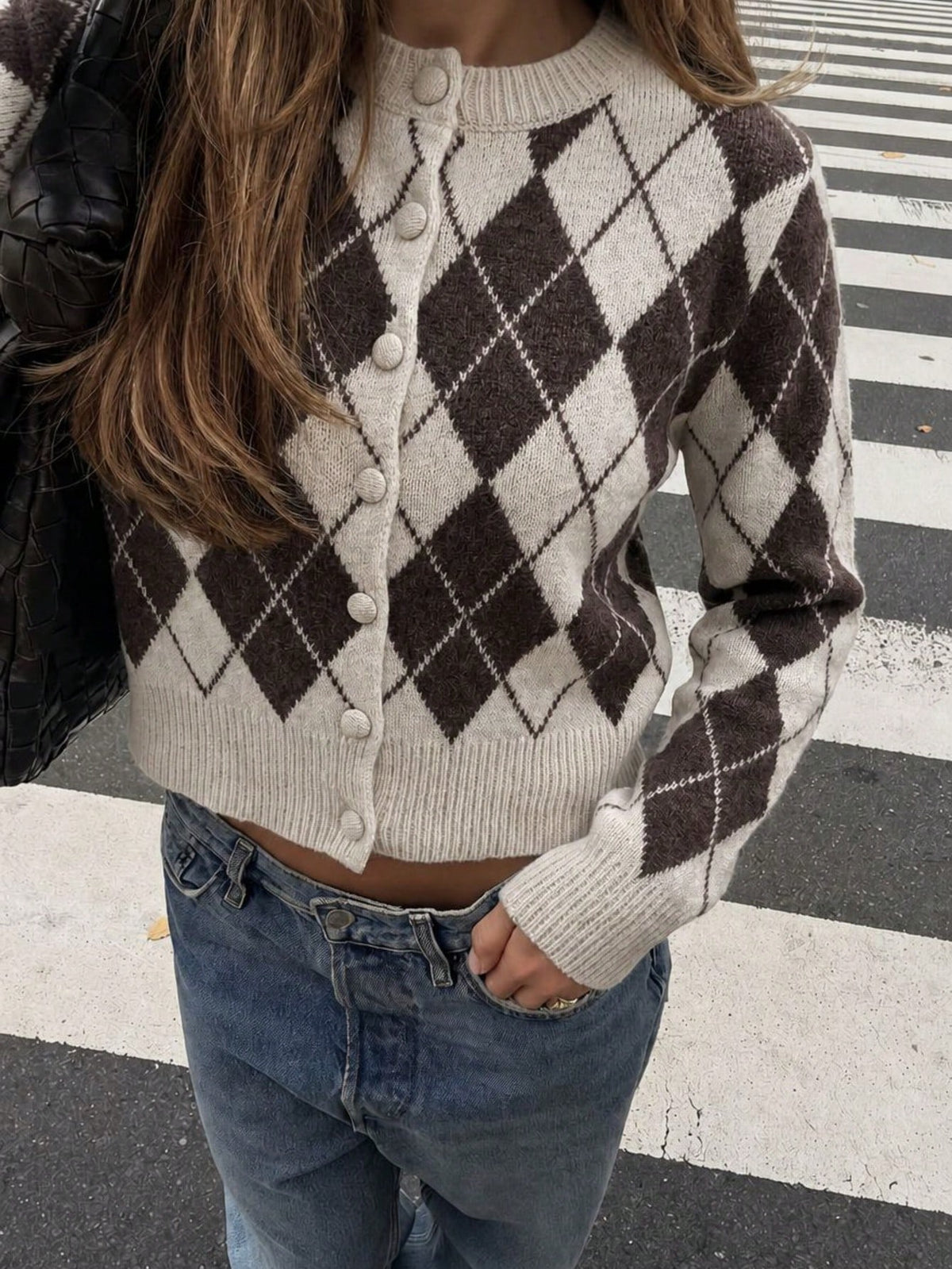 Women's Argyle Knit Cardigan, Button Front in Coffee Brown
