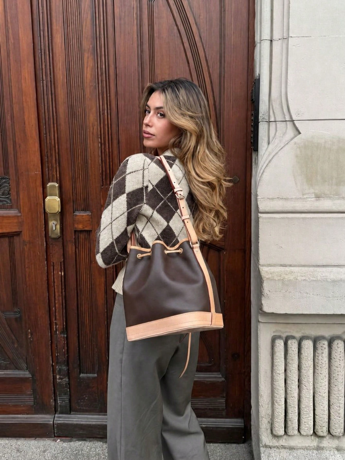 Women's Argyle Knit Cardigan, Button Front in Coffee Brown