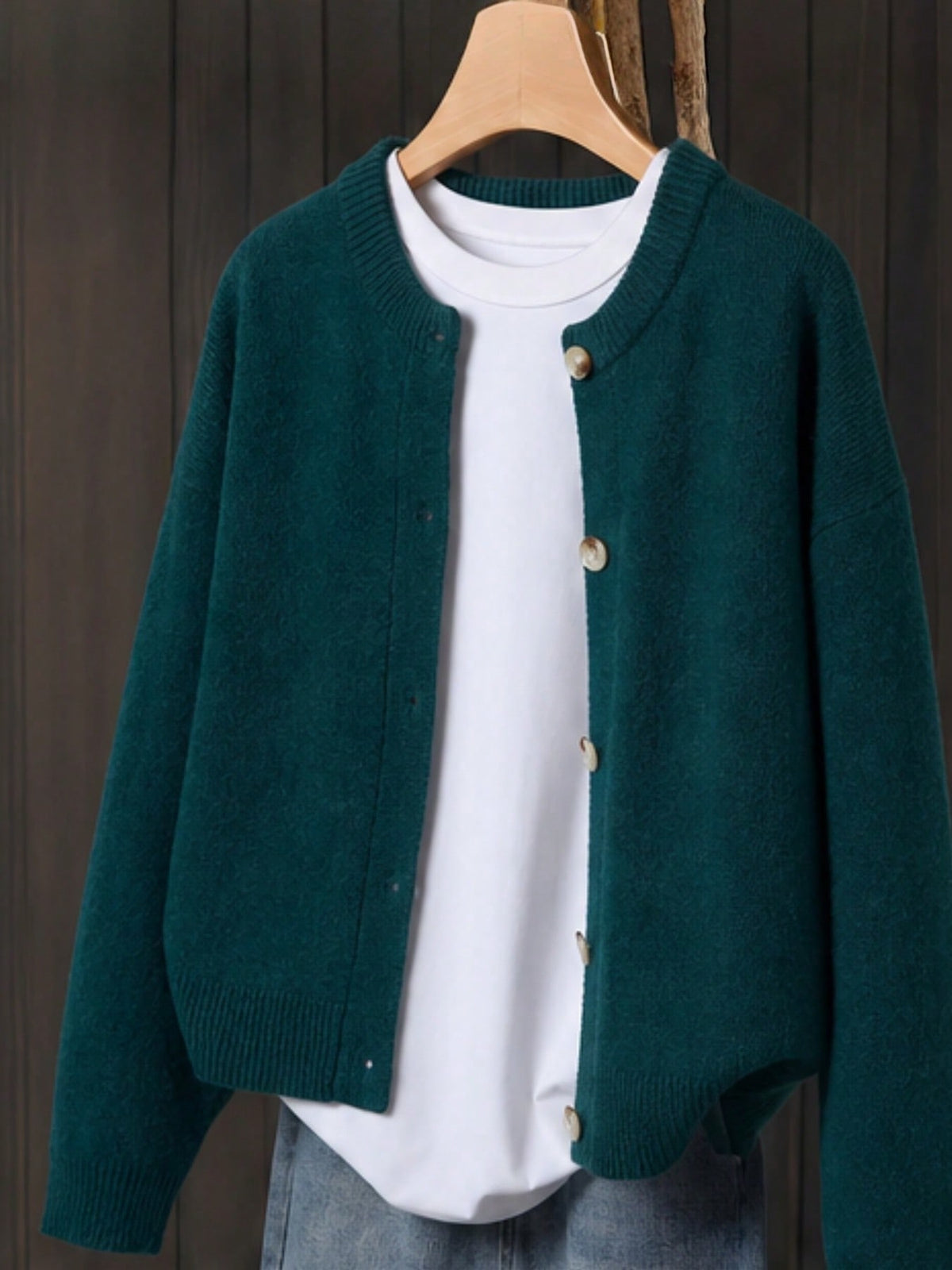 Women's Button-Front Knitted Cardigan, Relaxed Fit in Dark Green