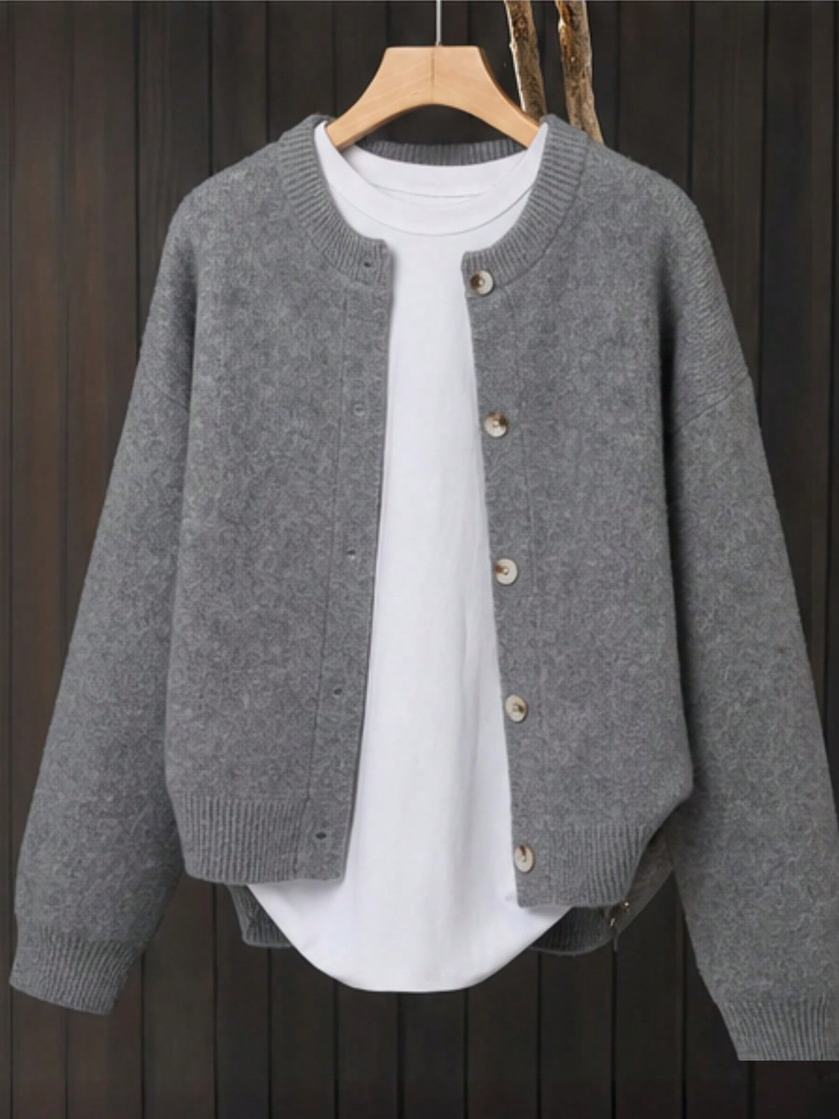 Women's Button-Front Knitted Cardigan, Relaxed Fit in Grey