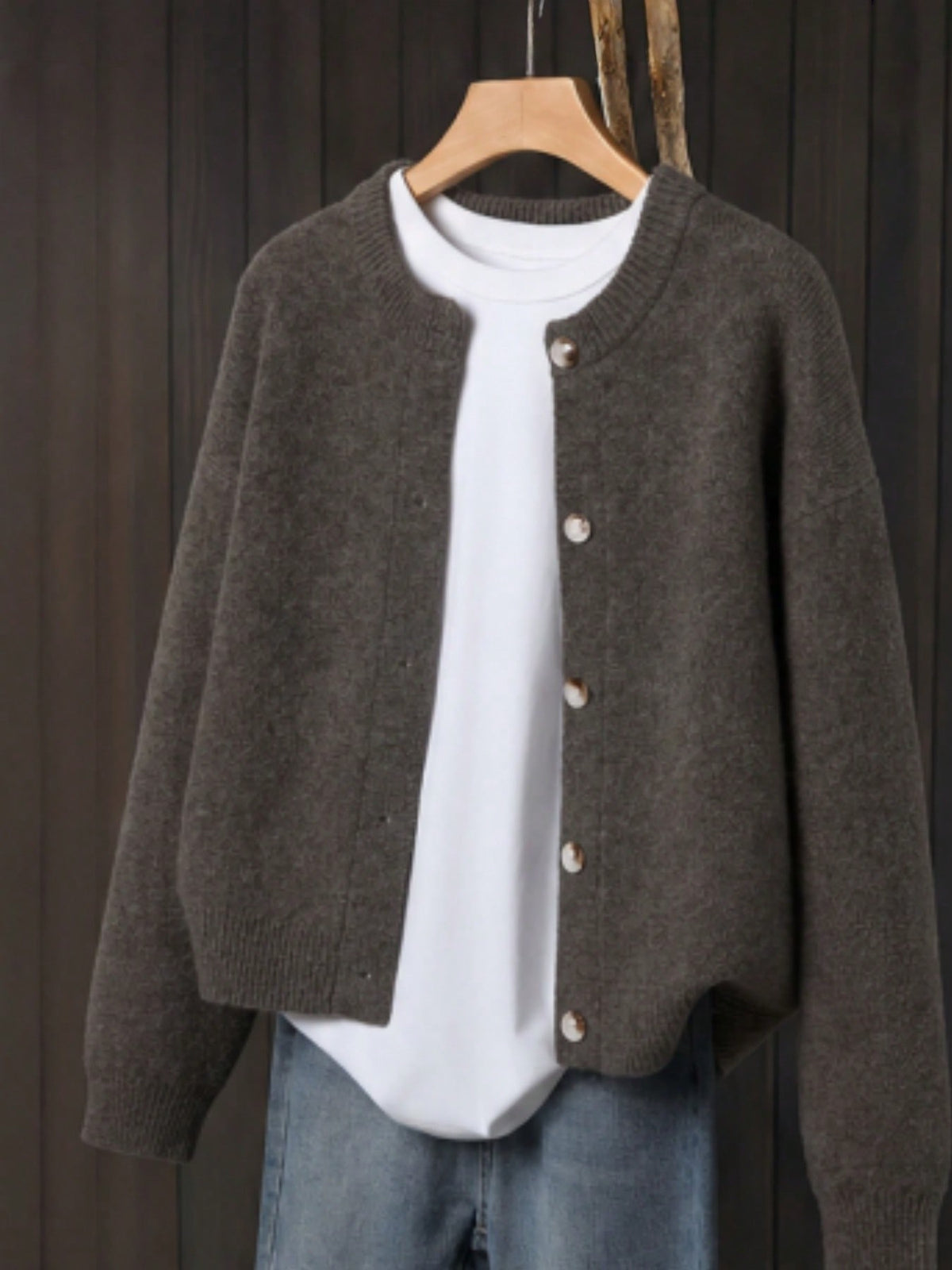 Women's Button-Front Knitted Cardigan, Relaxed Fit in Coffee Brown