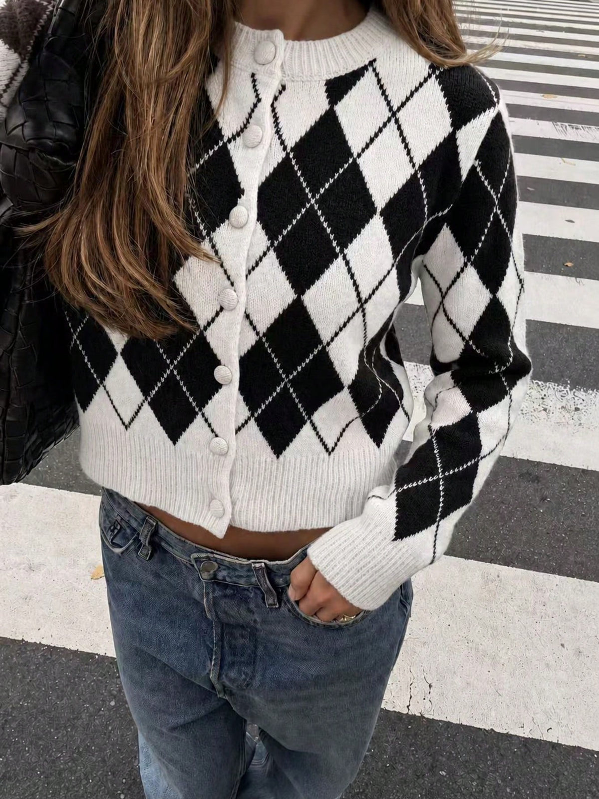 Women's Argyle Knit Cardigan, Button Front in White and Black