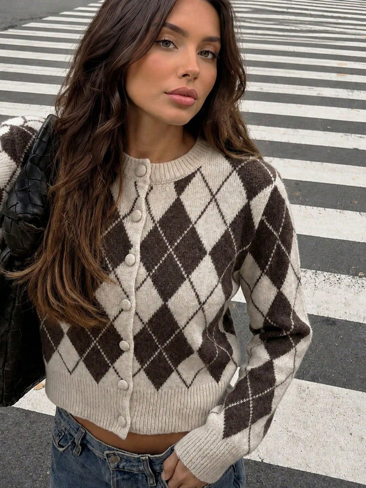 Women's Argyle Knit Cardigan, Button Front in Coffee Brown