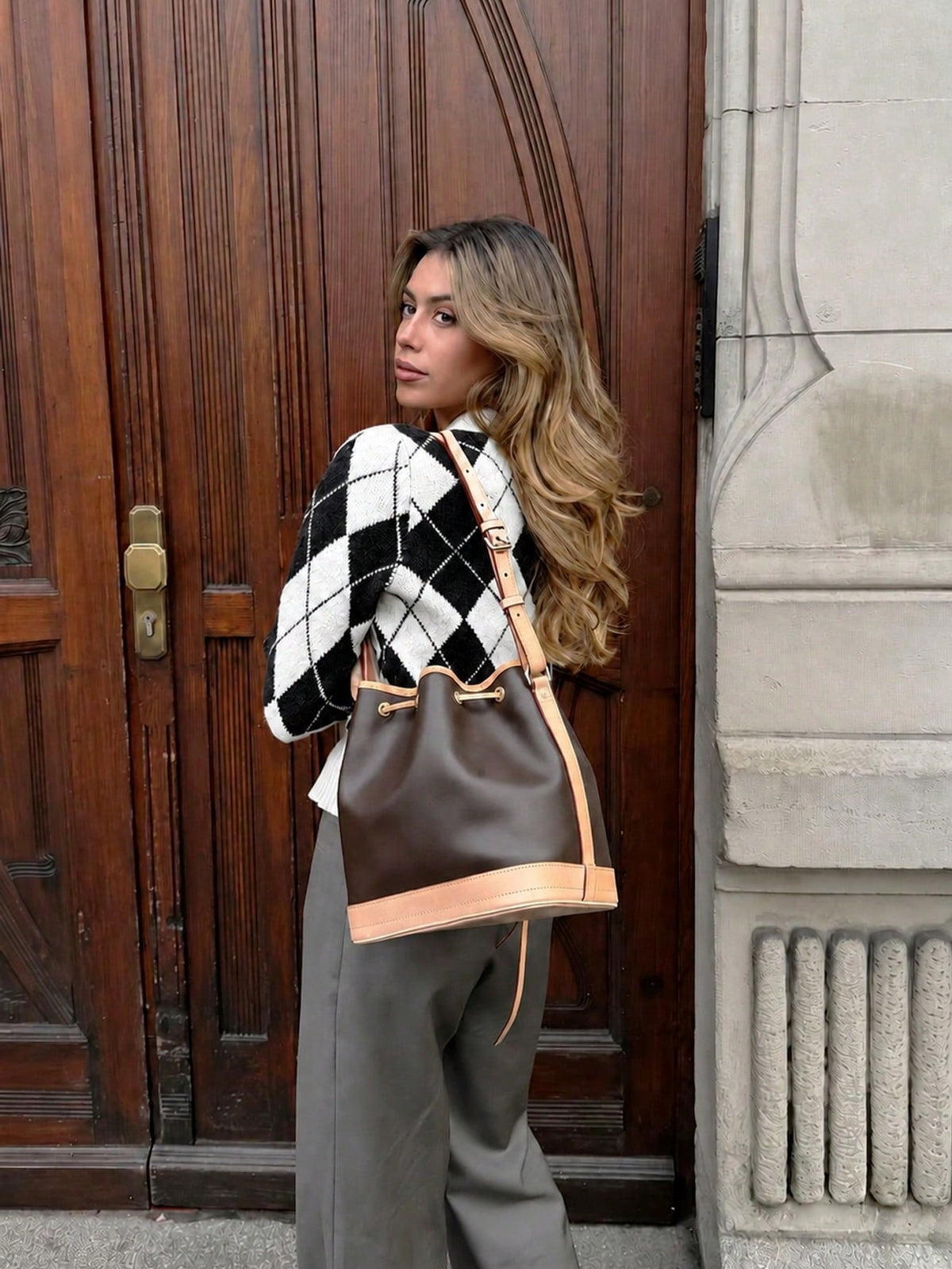 Women's Argyle Knit Cardigan, Button Front in White and Black