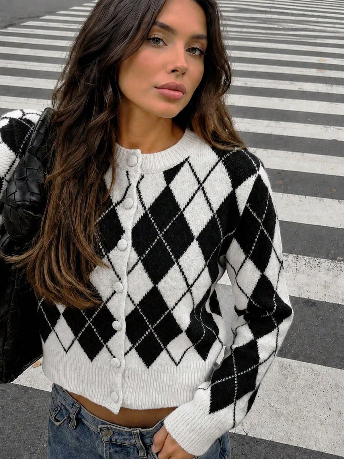 Women's Argyle Knit Cardigan, Button Front in White and Black
