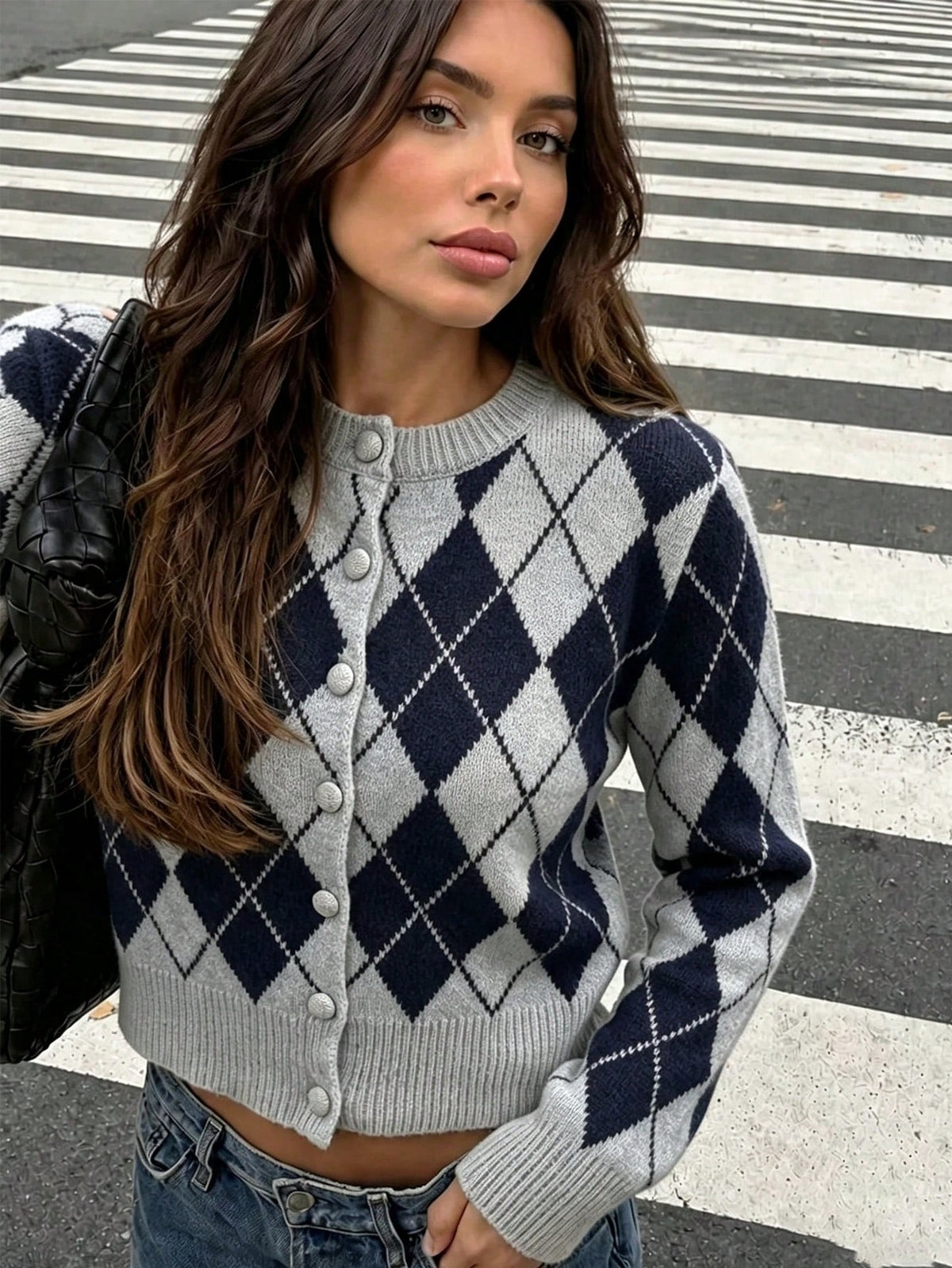 Women's Argyle Knit Cardigan, Button Front in Grey Blue