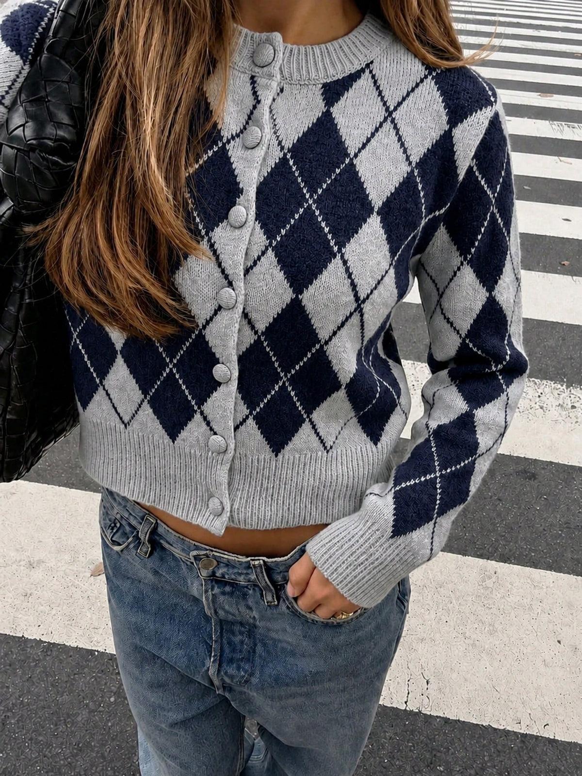 Women's Argyle Knit Cardigan, Button Front in Grey Blue