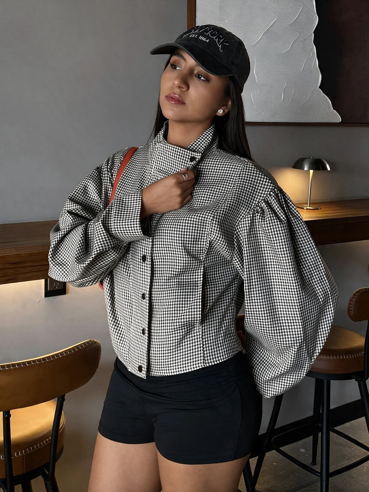 Women's Plaid Zip-Front Jacket, Loose Fit in Black and White Check