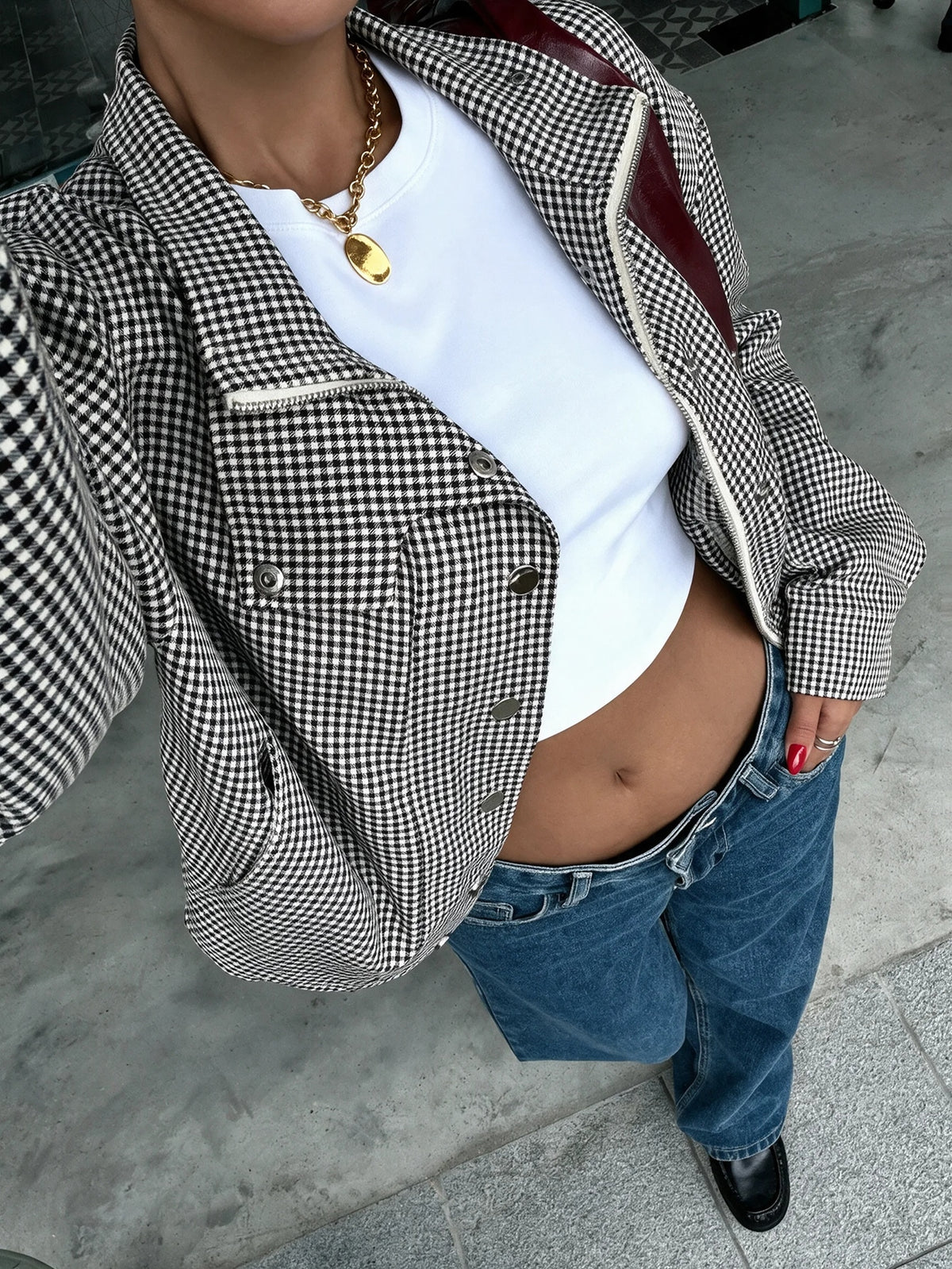 Women's Plaid Zip-Front Jacket, Loose Fit in Black and White Check