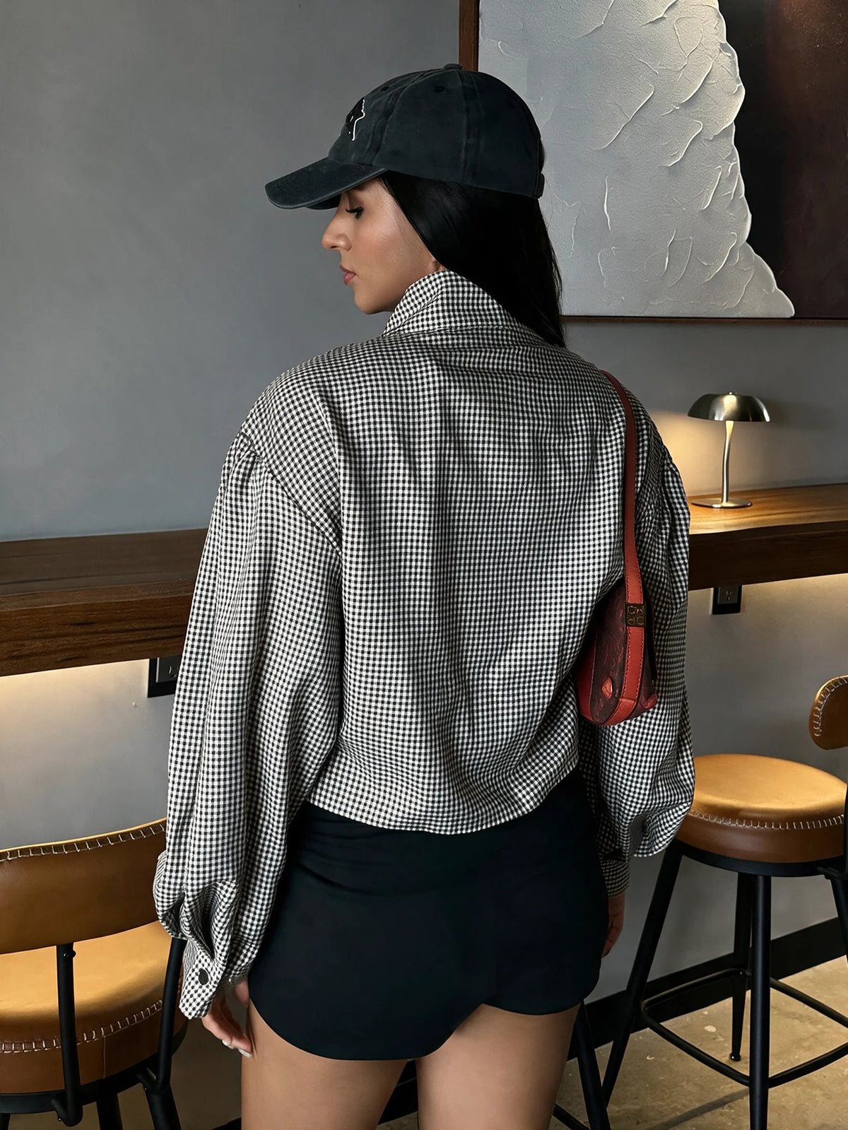 Women's Plaid Zip-Front Jacket, Loose Fit in Black and White Check