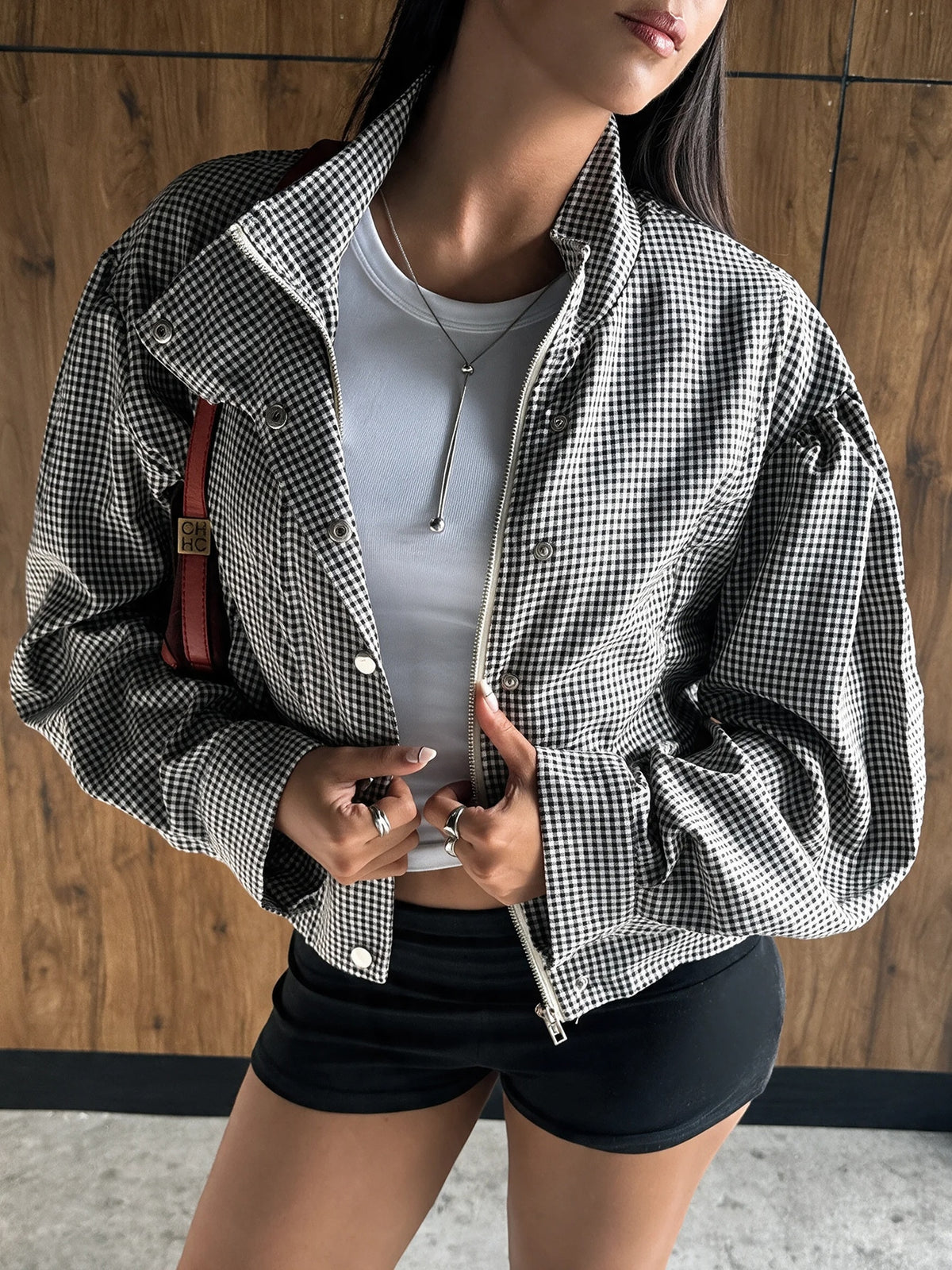 Women's Plaid Zip-Front Jacket, Loose Fit in Black and White Check