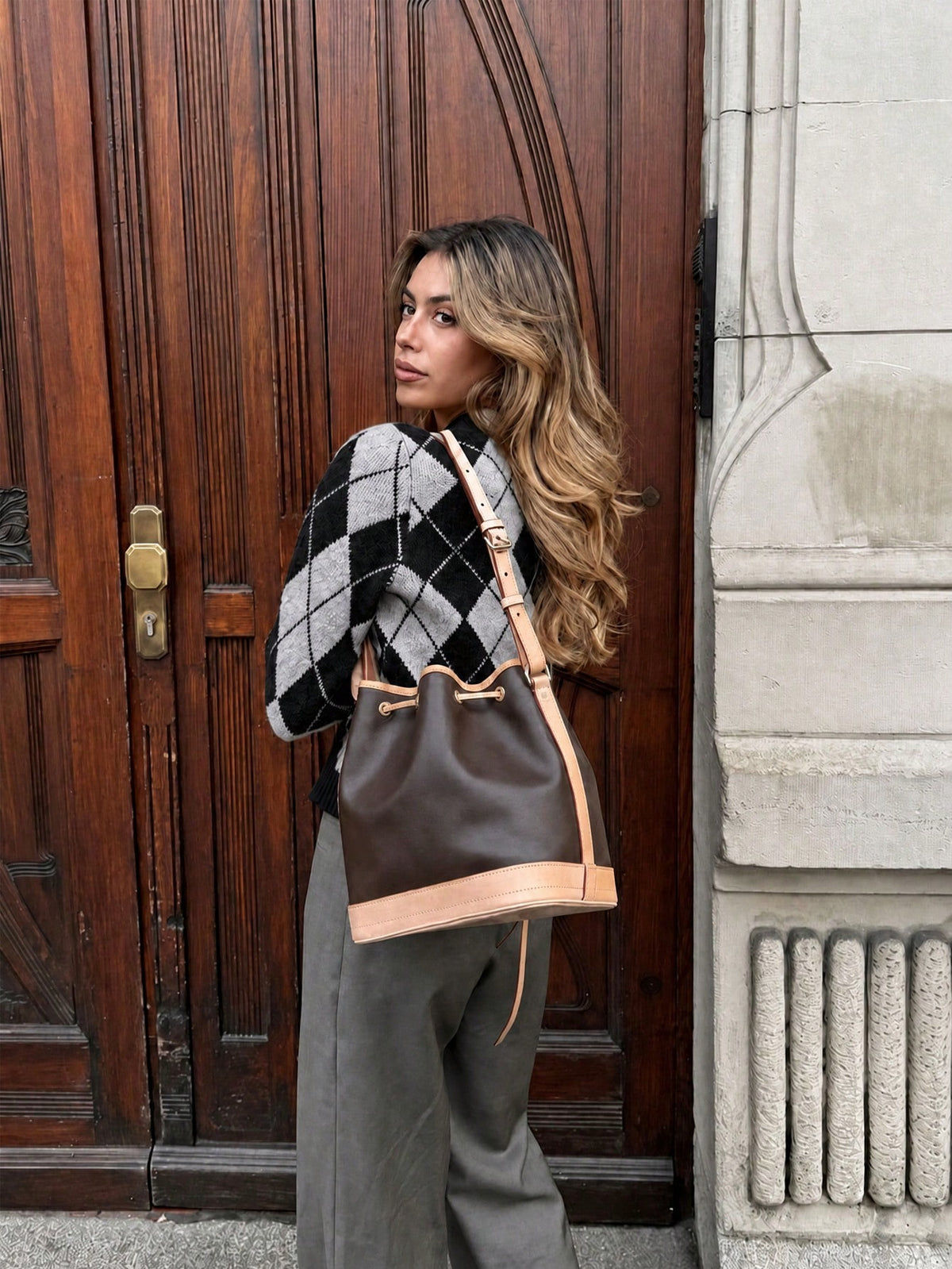 Women's Argyle Knit Cardigan, Button Front in Black and Grey