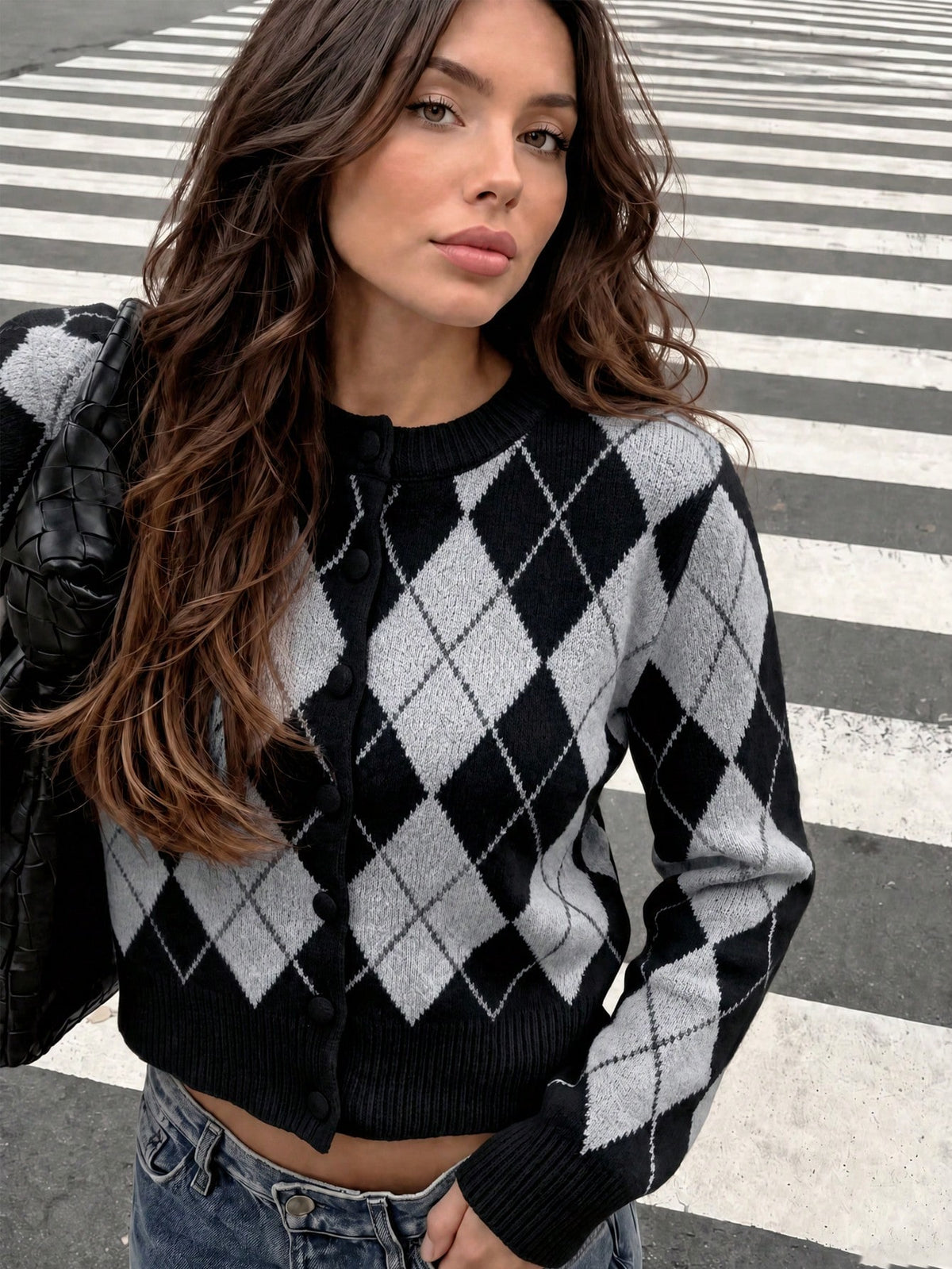 Women's Argyle Knit Cardigan, Button Front in Black and Grey