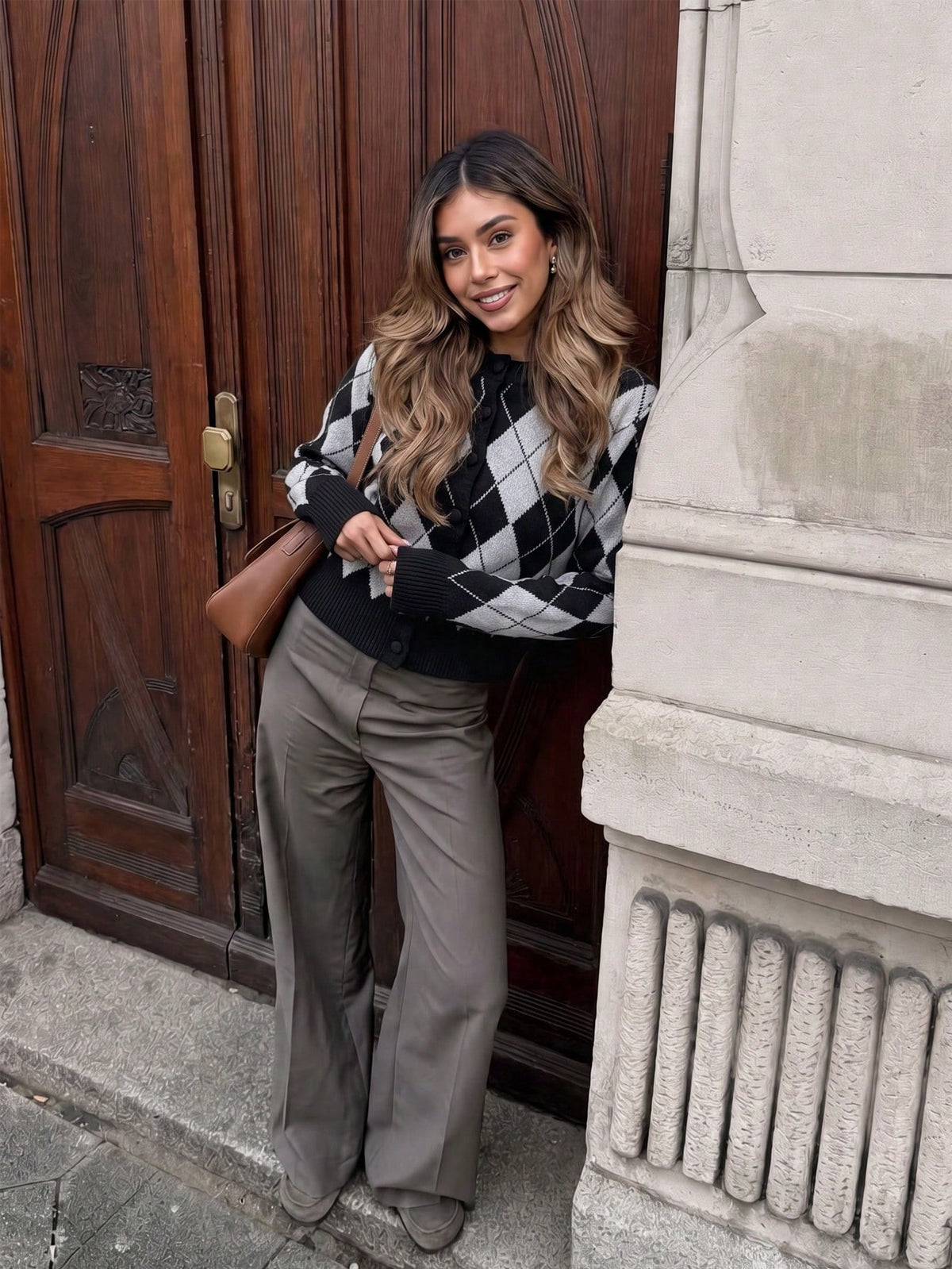 Women's Argyle Knit Cardigan, Button Front in Black and Grey