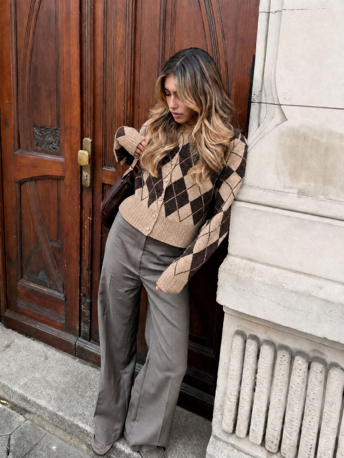 Women's Argyle Knit Cardigan, Button Front in Khaki Brown