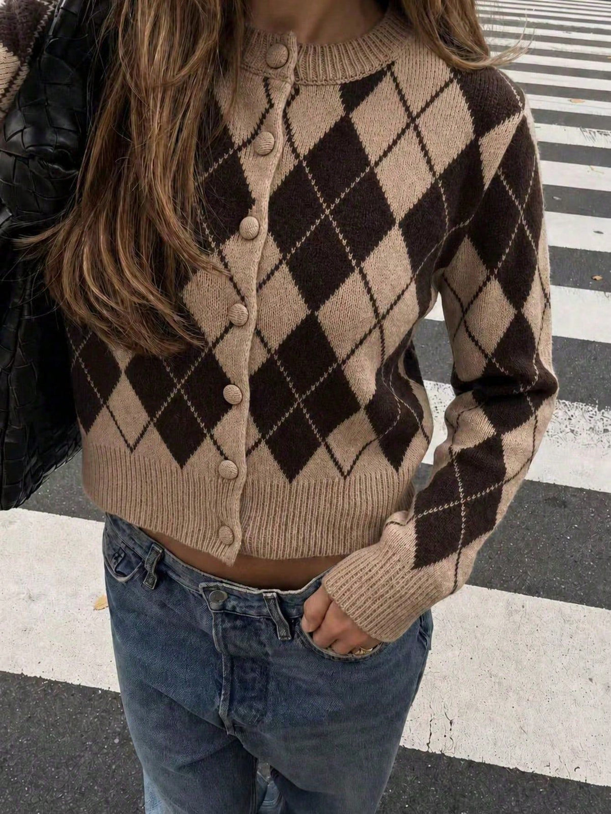 Women's Argyle Knit Cardigan, Button Front in Khaki Brown