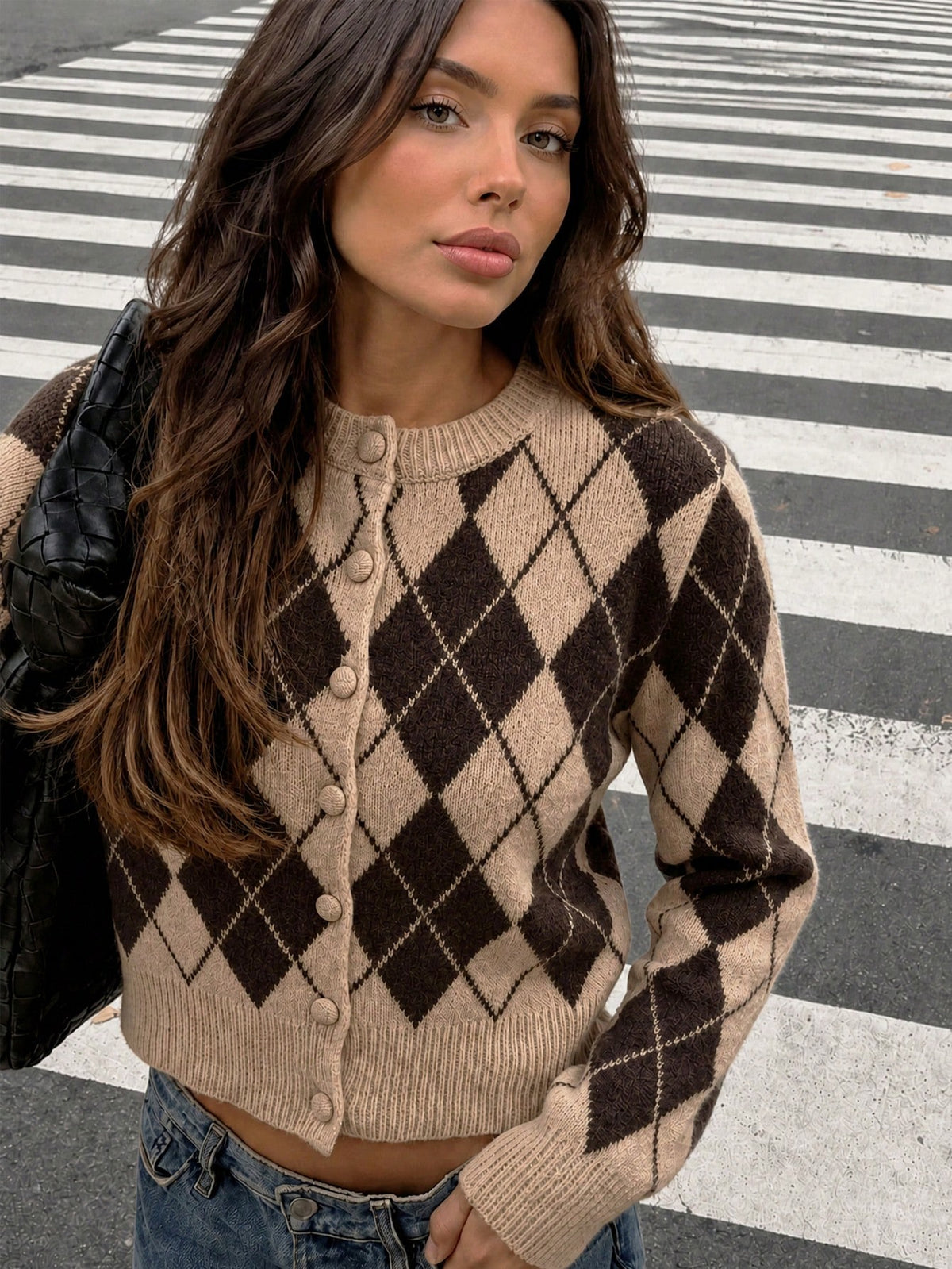 Women's Argyle Knit Cardigan, Button Front in Khaki Brown