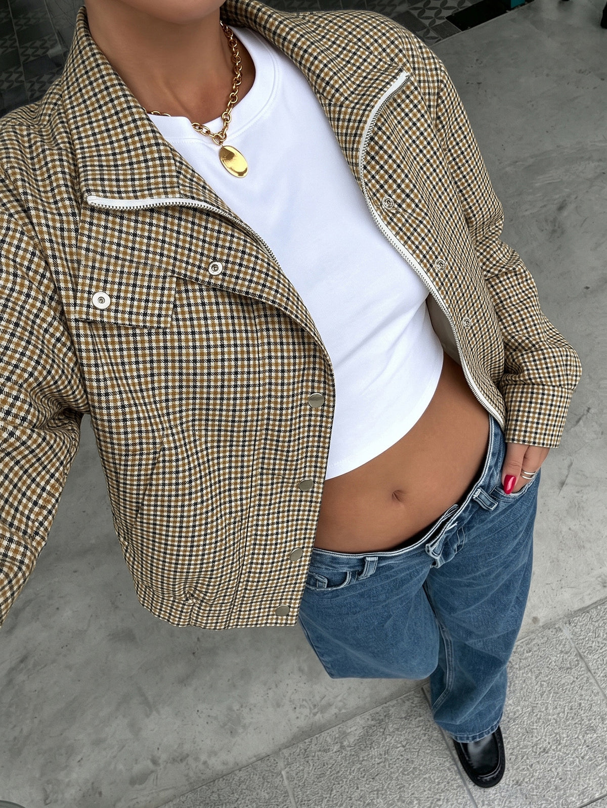 Women's Plaid Zip-Front Jacket, Loose Fit in Brown Check