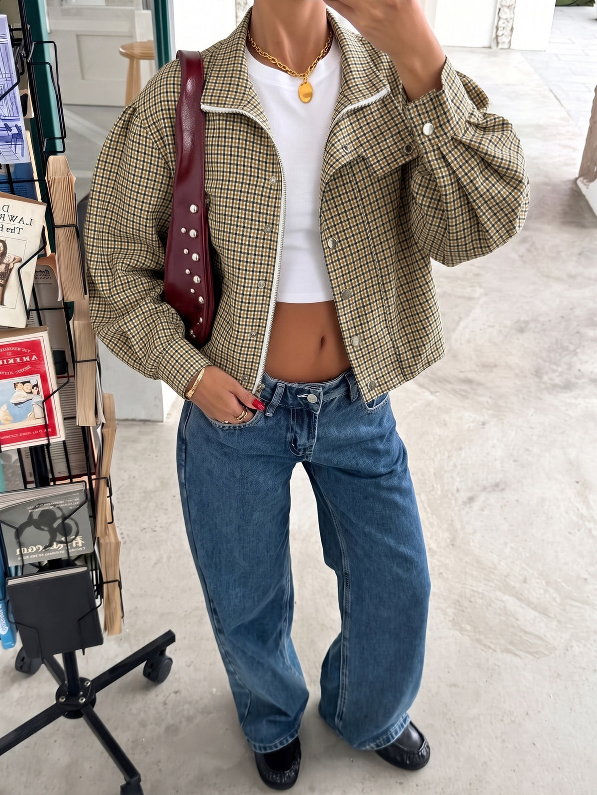Women's Plaid Zip-Front Jacket, Loose Fit in Brown Check