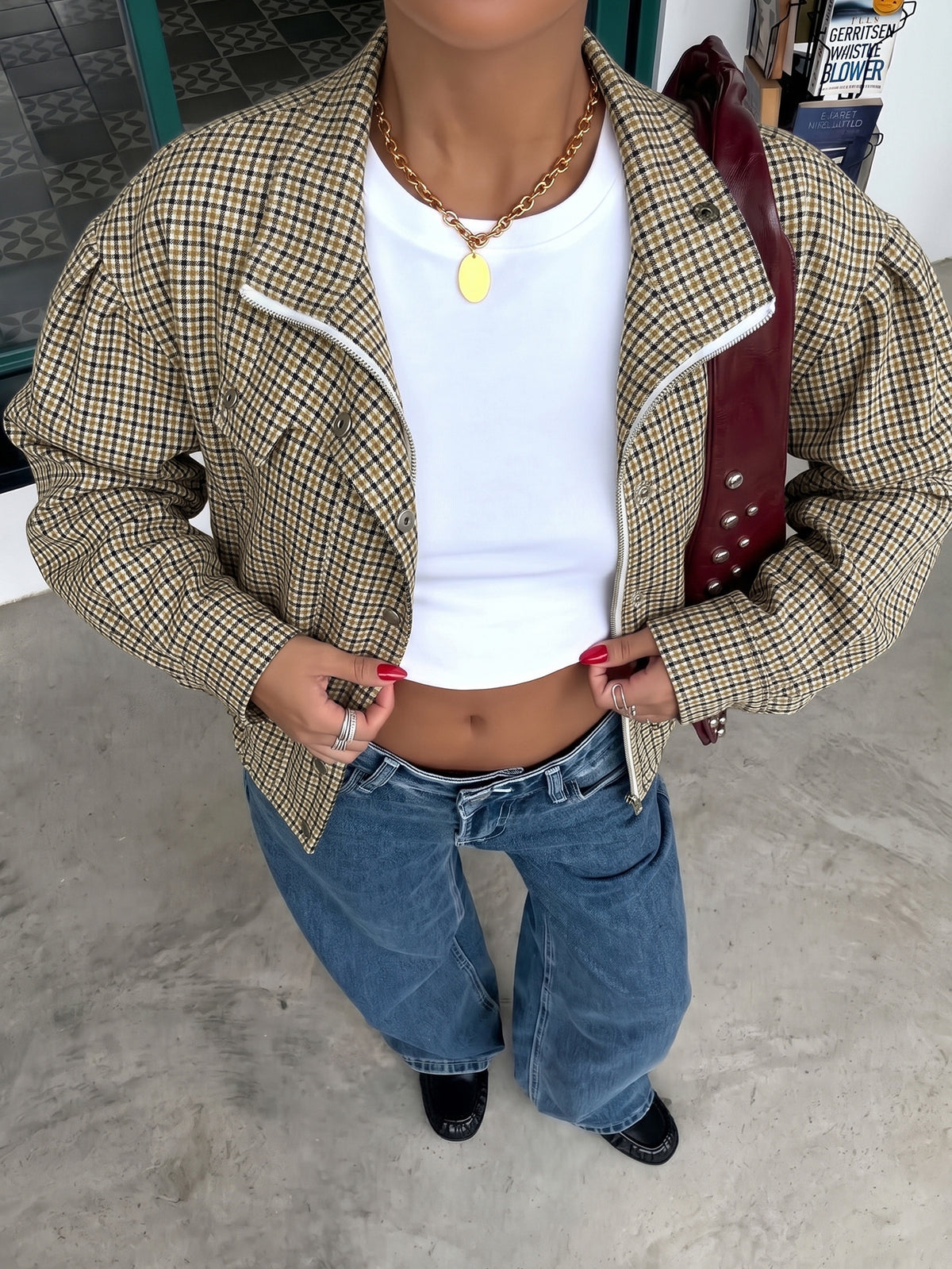 Women's Plaid Zip-Front Jacket, Loose Fit in Brown Check