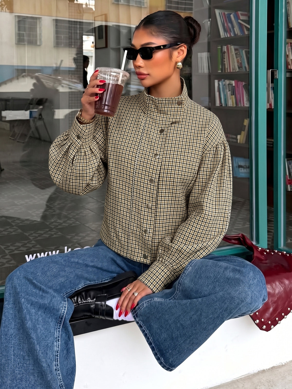 Women's Plaid Zip-Front Jacket, Loose Fit in Brown Check