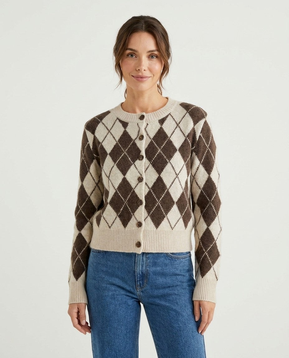 Women's Argyle Knit Cardigan, Button Front, worn by a model