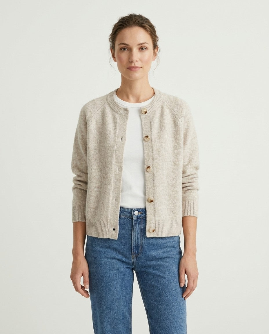 Women's Button-Front Knitted Cardigan, Relaxed Fit, worn by a model