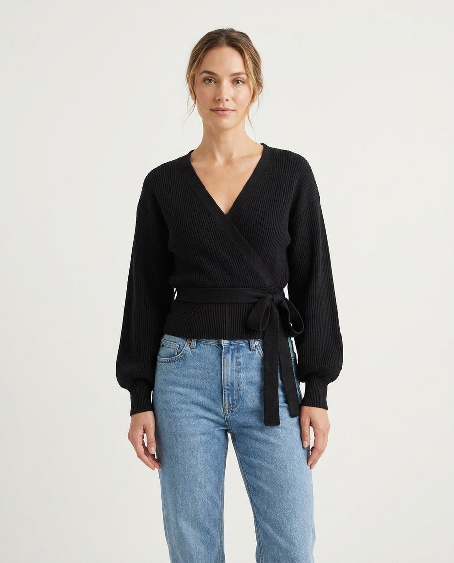 Women's Wrap Tie Rib-Knit Jumper with V Neck, worn by a model